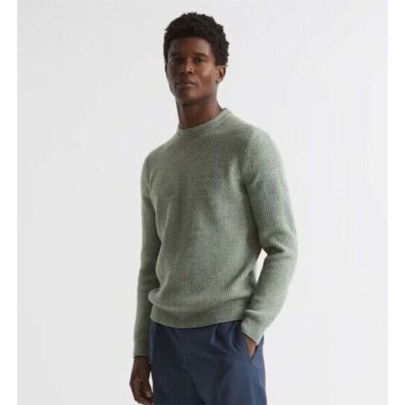 REISS Marcus Crew Neck Ribbed Jumper Top in Sage Sz XL Men's Wool Alpaca Sweater - Picture 1 of 11